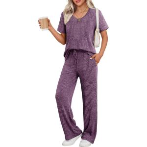 Ekouaer Women’s 2 Piece Lounge Set Casual Summer Outfits Ribbed Short Sleeve & Wide Leg Pants Matching Set for Travel Home(Purple)