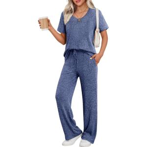 Ekouaer Women’s 2 Piece Lounge Set Casual Summer Outfits Ribbed Short Sleeve & Wide Leg Pants Matching Set for Travel Home(Royal Blue)