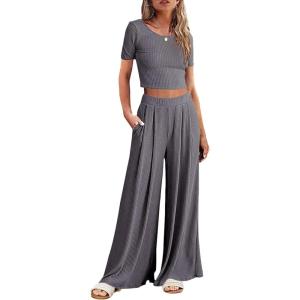 Ekouaer Women’s 2 Piece Lounge Sets Short Sleeve Pajama Set Ribbed Knit Crop Top Wide Leg Pants Loungewear S-XXL(Dark Gray)
