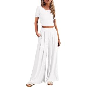 Ekouaer Women’s 2 Piece Lounge Sets Short Sleeve Pajama Set Ribbed Knit Crop Top Wide Leg Pants Loungewear S-XXL(White)