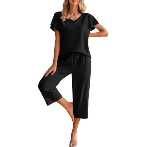 Ekouaer Womens Cotton Pajamas Sets Short Sleeve Tops and Capri Pants Sleepwear Loungewear with Pockets(Black)