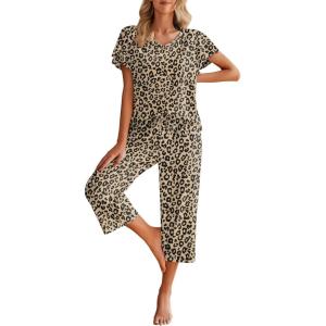 Ekouaer Womens Cotton Pajamas Sets Short Sleeve Tops and Capri Pants Sleepwear Loungewear with Pockets(Brown Leopard)