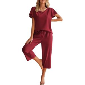 Ekouaer Womens Cotton Pajamas Sets Short Sleeve Tops and Capri Pants Sleepwear Loungewear with Pockets(Burgundy)