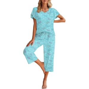 Ekouaer Womens Cotton Pajamas Sets Short Sleeve Tops and Capri Pants Sleepwear Loungewear with Pockets(Butterfly)