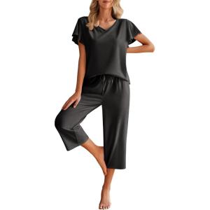 Ekouaer Womens Cotton Pajamas Sets Short Sleeve Tops and Capri Pants Sleepwear Loungewear with Pockets(Dark Gray)