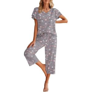 Ekouaer Womens Cotton Pajamas Sets Short Sleeve Tops and Capri Pants Sleepwear Loungewear with Pockets(Gray Coffee Cup)