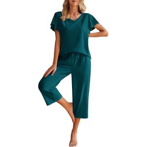 Ekouaer Womens Cotton Pajamas Sets Short Sleeve Tops and Capri Pants Sleepwear Loungewear with Pockets(Marine Blue)