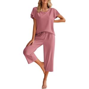 Ekouaer Womens Cotton Pajamas Sets Short Sleeve Tops and Capri Pants Sleepwear Loungewear with Pockets(Pale Violet Red)