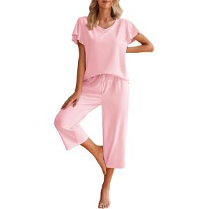 Ekouaer Womens Cotton Pajamas Sets Short Sleeve Tops and Capri Pants Sleepwear Loungewear with Pockets(Pink)