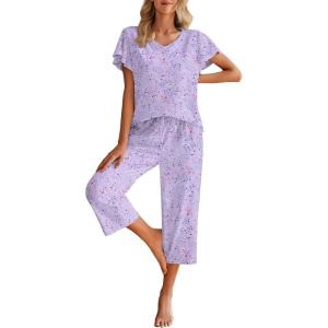 Ekouaer Womens Cotton Pajamas Sets Short Sleeve Tops and Capri Pants Sleepwear Loungewear with Pockets(Purple Love Star)