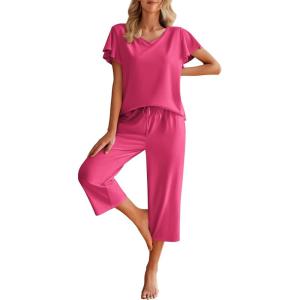 Ekouaer Womens Cotton Pajamas Sets Short Sleeve Tops and Capri Pants Sleepwear Loungewear with Pockets(Rose)