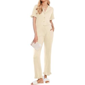 Ekouaer Women’s Pajama Sets Ruffle Button Up Pj Sets 2 Piece Short Sleeve Pants Lounge Set with Pockets(Beige)