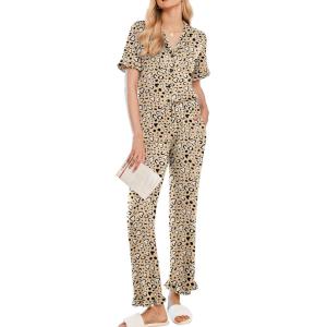 Ekouaer Women’s Pajama Sets Ruffle Button Up Pj Sets 2 Piece Short Sleeve Pants Lounge Set with Pockets(Camel Leopard)