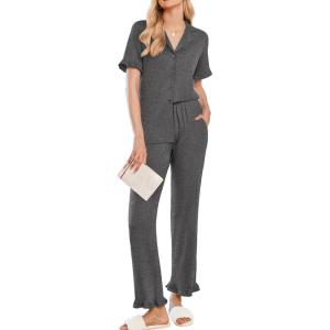 Ekouaer Women’s Pajama Sets Ruffle Button Up Pj Sets 2 Piece Short Sleeve Pants Lounge Set with Pockets(Dark Gray)