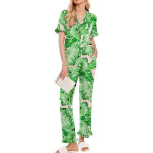 Ekouaer Women’s Pajama Sets Ruffle Button Up Pj Sets 2 Piece Short Sleeve Pants Lounge Set with Pockets(Green Palm Leaves)
