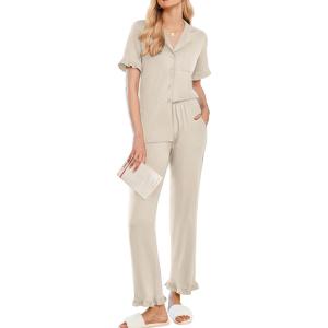 Ekouaer Women’s Pajama Sets Ruffle Button Up Pj Sets 2 Piece Short Sleeve Pants Lounge Set with Pockets(Light Coffee)