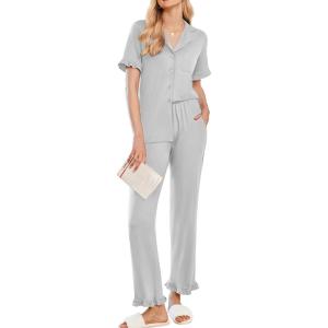 Ekouaer Women’s Pajama Sets Ruffle Button Up Pj Sets 2 Piece Short Sleeve Pants Lounge Set with Pockets(Light Gray)