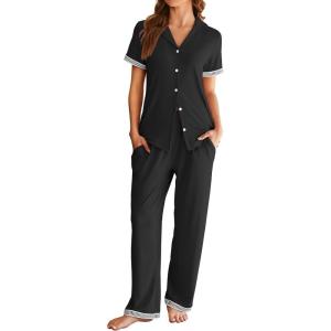 Ekouaer Womens Pajama Sets Short Sleeve Button Up Pjs, Chic Contrast Trim, Long Pants with Pockets,Soft Loungewear Set S-XXL(Black)
