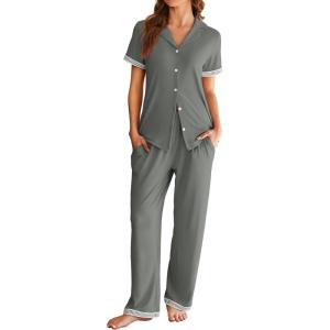 Ekouaer Womens Pajama Sets Short Sleeve Button Up Pjs, Chic Contrast Trim, Long Pants with Pockets,Soft Loungewear Set S-XXL(Dark Grey)
