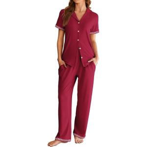 Ekouaer Womens Pajama Sets Short Sleeve Button Up Pjs, Chic Contrast Trim, Long Pants with Pockets,Soft Loungewear Set S-XXL(Dark Red)