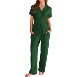 Ekouaer Womens Pajama Sets Short Sleeve Button Up Pjs, Chic Contrast Trim, Long Pants with Pockets,Soft Loungewear Set S-XXL(Green)