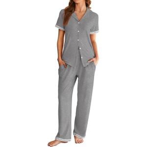 Ekouaer Womens Pajama Sets Short Sleeve Button Up Pjs, Chic Contrast Trim, Long Pants with Pockets,Soft Loungewear Set S-XXL(Light Gray)