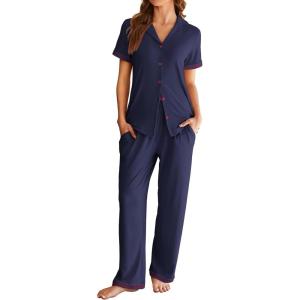 Ekouaer Womens Pajama Sets Short Sleeve Button Up Pjs, Chic Contrast Trim, Long Pants with Pockets,Soft Loungewear Set S-XXL(Navy Blue)