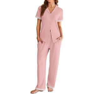Ekouaer Womens Pajama Sets Short Sleeve Button Up Pjs, Chic Contrast Trim, Long Pants with Pockets,Soft Loungewear Set S-XXL(Pink)