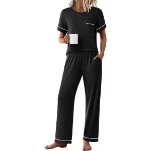 Ekouaer Womens Pajama Sets Short Sleeve Top and Pants 2 Piece Pjs Soft Sleepwear Comfy Lounge Set S-XXL(Black)