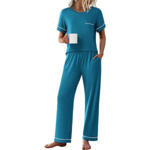Ekouaer Womens Pajama Sets Short Sleeve Top and Pants 2 Piece Pjs Soft Sleepwear Comfy Lounge Set S-XXL(Blue Green)