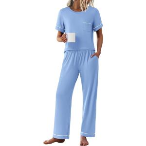 Ekouaer Womens Pajama Sets Short Sleeve Top and Pants 2 Piece Pjs Soft Sleepwear Comfy Lounge Set S-XXL(Clear Blue)