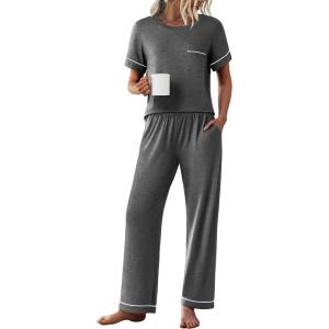 Ekouaer Womens Pajama Sets Short Sleeve Top and Pants 2 Piece Pjs Soft Sleepwear Comfy Lounge Set S-XXL(Dark Gray)