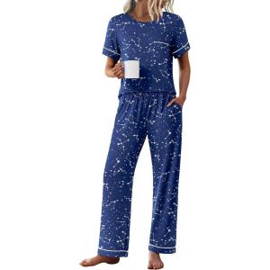 Ekouaer Womens Pajama Sets Short Sleeve Top and Pants 2 Piece Pjs Soft Sleepwear Comfy Lounge Set S-XXL(Navy Blue Star)