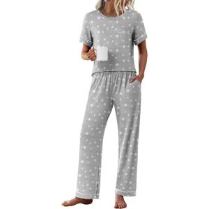 Ekouaer Womens Pajama Sets Short Sleeve Top and Pants 2 Piece Pjs Soft Sleepwear Comfy Lounge Set S-XXL(Pink Star)