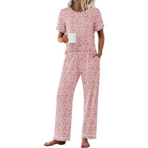 Ekouaer Womens Pajama Sets Short Sleeve Top and Pants 2 Piece Pjs Soft Sleepwear Comfy Lounge Set S-XXL(White Leopard)
