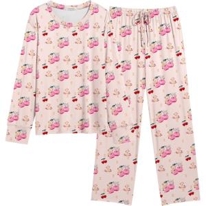 Ekouaer Women’s Pajamas Set 2 Piece Lounge Sets Long Sleeve Crewneck Top and Pants Soft Pjs with Pockets(Teddy Bear Cherry-apricot)