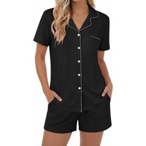 Ekouaer Womens Pajamas Set Button Down Pjs Lounge Sets Short Sleeve Sleepwear Soft Loungewear Nigthwear(Black)