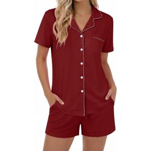 Ekouaer Womens Pajamas Set Button Down Pjs Lounge Sets Short Sleeve Sleepwear Soft Loungewear Nigthwear(Burgundy)