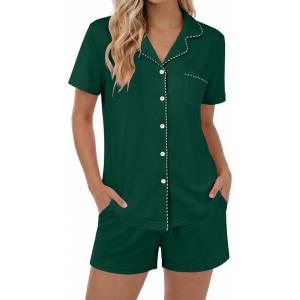 Ekouaer Womens Pajamas Set Button Down Pjs Lounge Sets Short Sleeve Sleepwear Soft Loungewear Nigthwear(Dark Green)