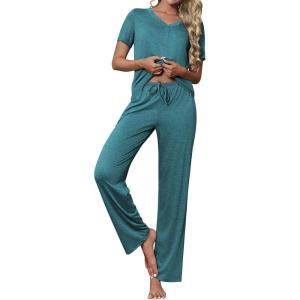 Ekouaer Women’s Pajamas Set Soft 2 Piece Lounge Sets V-neck Sleepwear Short Sleeve Top Pants with Pockets(Blue Green)