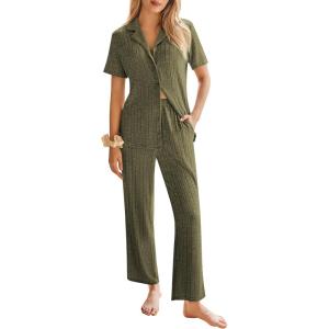 Ekouaer Womens Rib Knit Pajamas Button Up Lounge Sets Short Sleeve Top and Long Pants Matching Pjs Sleepwear Loungewear(Army Green)