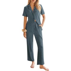 Ekouaer Womens Rib Knit Pajamas Button Up Lounge Sets Short Sleeve Top and Long Pants Matching Pjs Sleepwear Loungewear(Blue and Green)