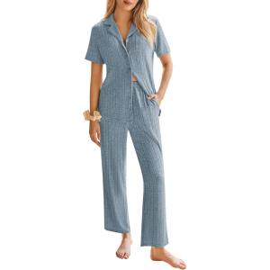 Ekouaer Womens Rib Knit Pajamas Button Up Lounge Sets Short Sleeve Top and Long Pants Matching Pjs Sleepwear Loungewear(Clear Blue)