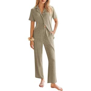 Ekouaer Womens Rib Knit Pajamas Button Up Lounge Sets Short Sleeve Top and Long Pants Matching Pjs Sleepwear Loungewear(Khaki)