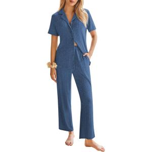 Ekouaer Womens Rib Knit Pajamas Button Up Lounge Sets Short Sleeve Top and Long Pants Matching Pjs Sleepwear Loungewear(Navy)