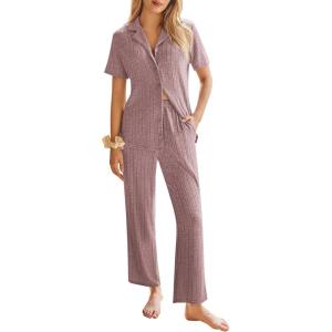 Ekouaer Womens Rib Knit Pajamas Button Up Lounge Sets Short Sleeve Top and Long Pants Matching Pjs Sleepwear Loungewear(Pink)