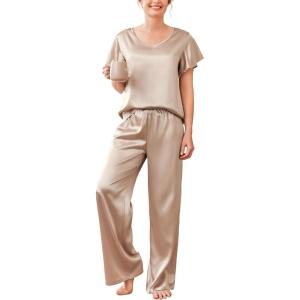 Ekouaer Women’s Satin Silky Pajama Set 2 Piece Short Sleeve Shirt with Long Pants Pjs Sets Soft PJ Loungewear S-XXL(Champagne)