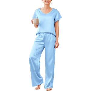 Ekouaer Women’s Satin Silky Pajama Set 2 Piece Short Sleeve Shirt with Long Pants Pjs Sets Soft PJ Loungewear S-XXL(Clear Blue)