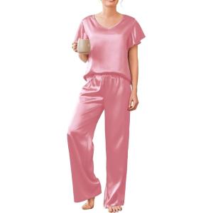 Ekouaer Women’s Satin Silky Pajama Set 2 Piece Short Sleeve Shirt with Long Pants Pjs Sets Soft PJ Loungewear S-XXL(Coral Pink)