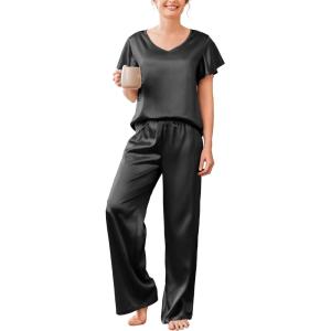 Ekouaer Women’s Satin Silky Pajama Set 2 Piece Short Sleeve Shirt with Long Pants Pjs Sets Soft PJ Loungewear S-XXL(Deep Black)